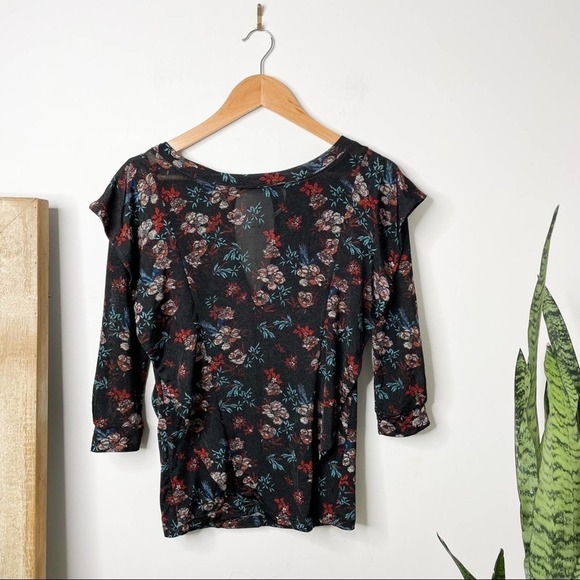 Free People Black Floral Blouse with ruffle overlay size XS Dock Street Top - Picture 2 of 9